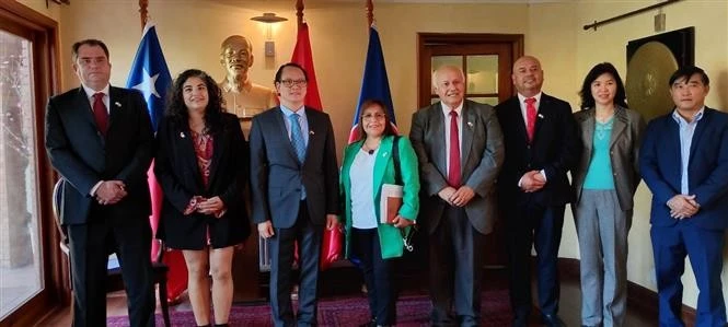 Officials from the Los Ríos region and the Vietnamese Ambassador to Chile Nguyen Viet Cuong at the meeting. (Photo: VNA)