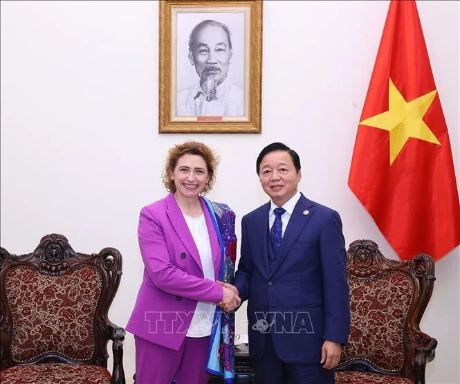 Deputy Prime Minister Tran Hong Ha (R) and Vice-President of EIB Nicola Beer at their meeting in Hanoi on March 13 (Photo: VNA)