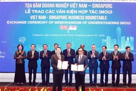 Party General Secretary To Lam (5th from left, second row) witnesses the exchange of MoUs between Vietnam and Singapore at the roundtable discussion on March 13. (Photo: VNA)